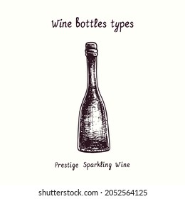 Wine Bottles Types Collection, Prestige Sparkling Wine. Ink Black And White Doodle Drawing In Woodcut Style.