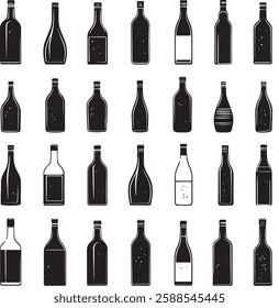 Wine Bottles Vector Set, Black and White Icons