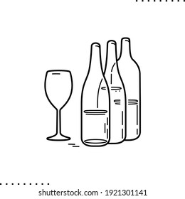 wine bottles and wineglass, passover seder arrangement vector icon in outline