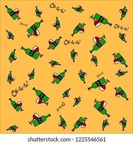 Wine bottles with wineglasses pattern on orange background.