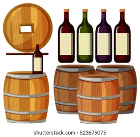 Wine bottles and wooden barrels illustration