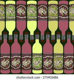 Wine bottles zentangle pattern made with clipping mask. Vector illustration can be used for backgrounds, web design, surface textures and other crafts.