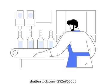 Wine bottling line abstract concept vector illustration. Factory workers pouring wine into bottles, beverage production, drink manufacturing process, viticulture sector abstract metaphor.