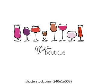 Wine boutique card, print or poster. Bar or restaurant wine list. Set of different glasses. Hand drawn vector design. 