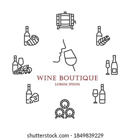 Wine boutique circle banner with flat line icons. in the centre you can write any text. Wine shop design.