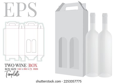 Wine box die cut template, vector. White, clear, blank, isolated two bottle box mock up on white background with perspective presentation. Packaging design   