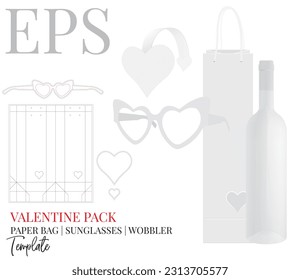 Wine box with handle, cat sunglasses and wobbler die cut template, vector. Valentine pack. White clear blank mock up isolated on white background