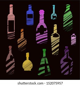 wine and brandy bottles on a black background, painted with a brush 