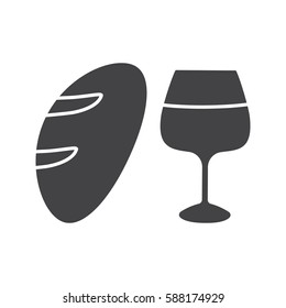 Wine and bread glyph icon. Silhouette symbol. Jesus Christ flesh and blood. Negative space. Vector isolated illustration