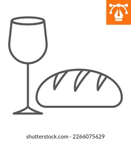 Wine and bread line icon , outline style icon for web site or mobile app, holiday and easter, wineglass with bread vector icon, simple vector illustration, vector graphics with editable strokes.