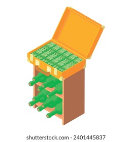 Wine business icon isometric vector. Open suitcase with dollar bill on wine rack. Winemaking, business, hobby