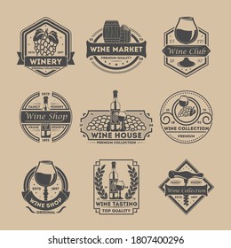 Wine business logo. Vintage wine market, shop, cellar or club logo, winery brand emblem isolated set. Original top quality product promotion vector icon. Guaranteed insignia sign illustration