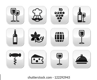 Wine buttons set - glass, bottle, restaurant, food