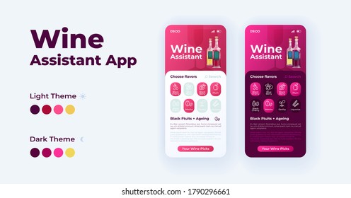 Wine buying assistant smartphone interface vector templates set. Mobile app page light and black theme design layouts. Flat UI for application. Alcohol taste virtual assistance screens. Phone displays