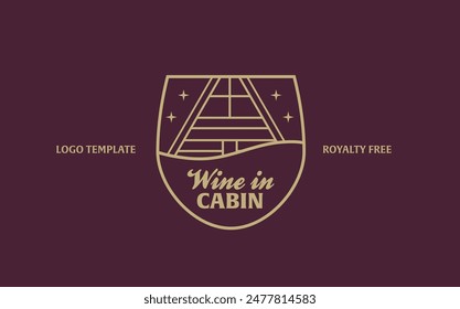 Wine in Cabin Concept Logo Symbol Glass and Hut A Frame with Stars Brand Kit