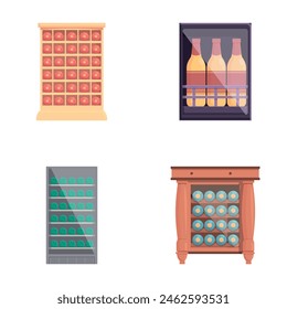 Wine cabinet icons set cartoon vector. Wine bottle inside wooden cabinet. Cellar equipment