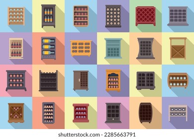 Wine cabinet icons set flat vector. Shelf alcohol. Cafe beverage