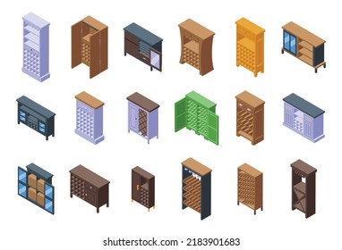 Wine cabinet icons set isometric vector. Alcohol shelf. Beverage cafe