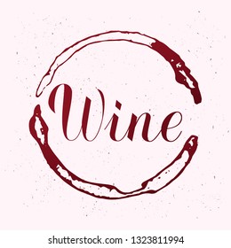 Wine calligraphy lettering  with red glass stain and spray around. Vector illustration. Template for bar, restaurant, winery decorations. Perfect for menu, banner, poster, label, tag, logo, etc.