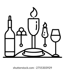 Wine and candlelight dinner elegant premium con outline vector on white background 