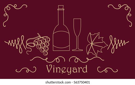 Wine card template with a bottle and a glass, grapes both berry and leaf. Stock vector illustration on vineyard and vine products for banner, invitation, card, certificate, menu.