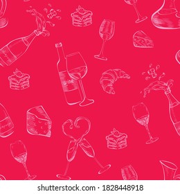 Wine cards, champagne, glasses, food vector hand drawn chalk seamless pattern isolated on red background. Concept for wallpaper, wrapping paper, menu, cards 