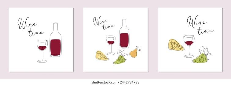 Wine cards set. Bottle, grapes, cheese, wineglass continuous line illustration. Design for restaurant menu, winery, bar.