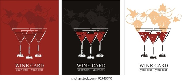 Wine cards. Vector backgrounds with grapes and wine glasses