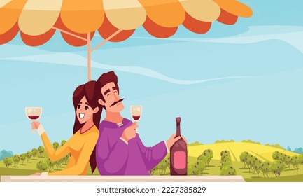 Composición de dibujos animados de vino con pareja joven bebiendo al aire libre ilustración vectorial