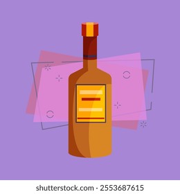 Wine cartoon illustration. Clay bottle with yellow and red blank label and opener on cork. Alcohol concept. Vector illustration can be used for topics like bar menu, winery, wine house