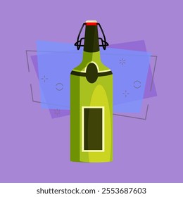 Wine cartoon illustration. Light green bottle with blank label and opener on cork. Alcohol concept. Vector illustration can be used for topics like bar menu, winery, wine house