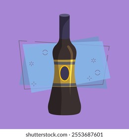 Wine cartoon illustration. Liqueur, balm, dark bottle with blank label. Alcohol concept. Vector illustration can be used for topics like bar menu, liquor store, wine house