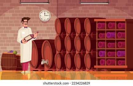 Wine cartoon poster with sommelier holding bottle in cellar vector illustration