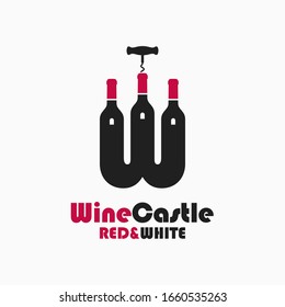 Wine castle logo. Letter W logo of red and white wine background