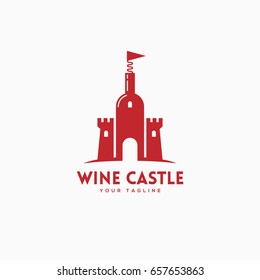 Wine castle logo template design with a bottle. Vector illustration.
