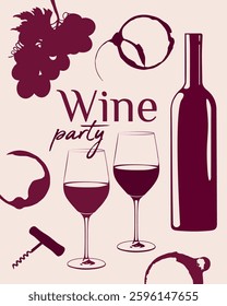 Wine Celebration Poster – Glasses, Bottle, and Grape Silhouettes,Minimalist and sophisticated wine party illustration, including classic wine elements like cork marks, a bottle, and filled glasses