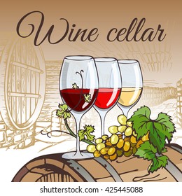 Wine cellar and 3 glasses of wine