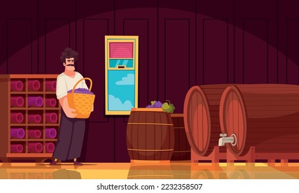 Wine cellar cartoon poster with male worker holding grape harvest vector illustration