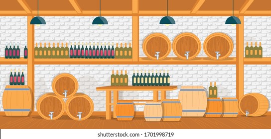 Wine Cellar with Collection Homemade Alcohol. Wooden Shelf for Storing Bottle with Drink, Oak Barrel with Tap, Jug Nailed to Brick Wall. Storage Wine in Underground for High-quality Aging Product.