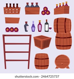 Wine cellar equipment and elements set. Barrel keg. Tank alcohol. Wine storage and drinking. Vector collection icons winemaking business.