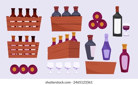 Wine cellar equipment and elements set. Barrel keg. Tank alcohol. Wine storage and drinking. Vector collection icons winemaking business.