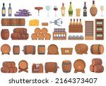 Wine cellar icons set cartoon vector. Barrel keg. Tank alcohol