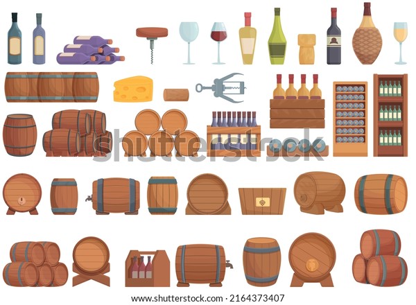 Wine cellar icons set cartoon vector. Barrel keg.\
Tank alcohol