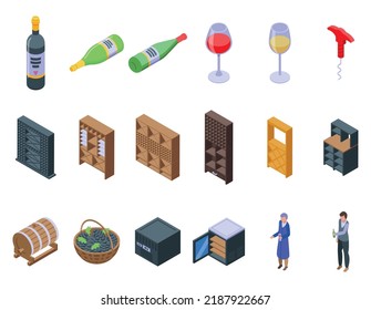 Wine cellar icons set isometric vector. Keg barrel. Tank alcohol