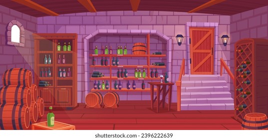 Wine cellar interior. Alcohol shelving with wine champagne barrel in castle basement, ancient house tasting room of bar shelf, cozy restaurant ingenious vector illustration of winery basement wooden