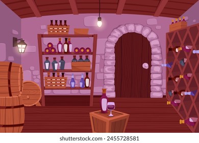 Wine cellar interior. Alcohol shelving with wine champagne barrel in castle basement. Wine shop, cellar interior with wooden barrels, shelves with glass bottles