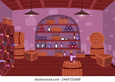 Wine cellar interior. Alcohol shelving with wine champagne barrel in castle basement. Wine shop, cellar interior with wooden barrels, shelves with glass bottles