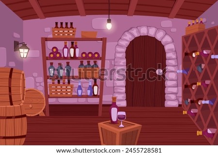 Wine cellar interior. Alcohol shelving with wine champagne barrel in castle basement. Wine shop, cellar interior with wooden barrels, shelves with glass bottles