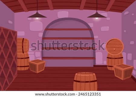 Wine cellar interior. Alcohol shelving with wine champagne barrel in castle basement. Cellar interior with wooden shelves and wine rack. Vector illustration EPS10