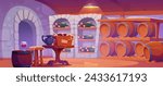 Wine cellar interior for grape drink storage and tasting. Cartoon basement room with glass bottles in rack, wooden barrels on shelf, bottles in box and jug on table, hair and glass with alcohol drink.